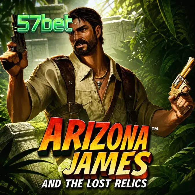 Tela de jogo do slot Arizona James and the Lost Relics mostrando a grade de 6x5 e o sistema de Pistol Cylinder